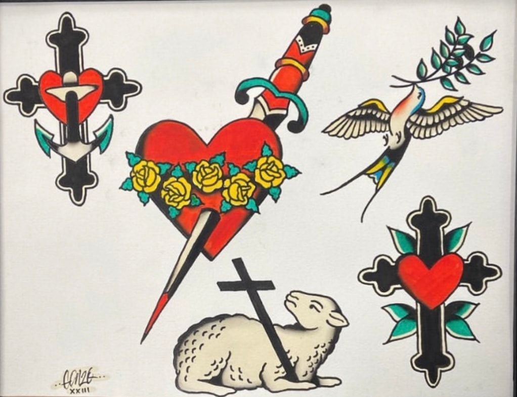 Sacred flash — crosses, dagger heart, lamb, swallow