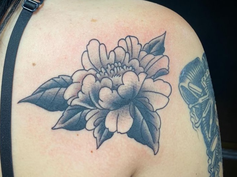 Detailed peony flower tattoo by Byron Rojas