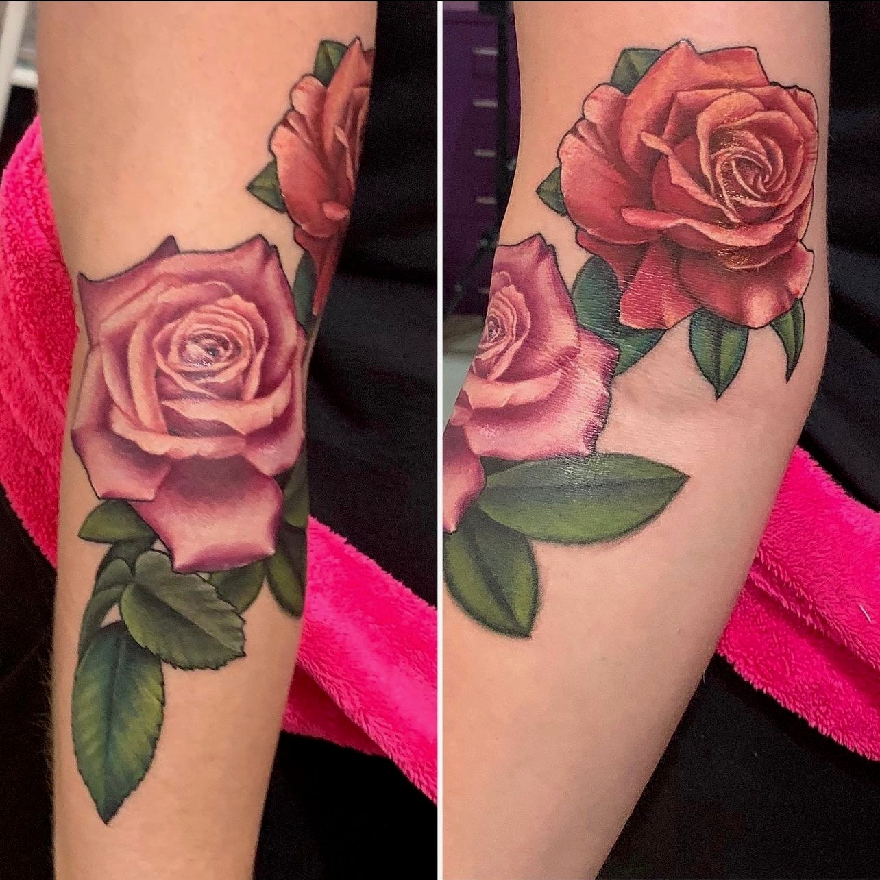 Realistic pink and red roses tattoo by Ruthless