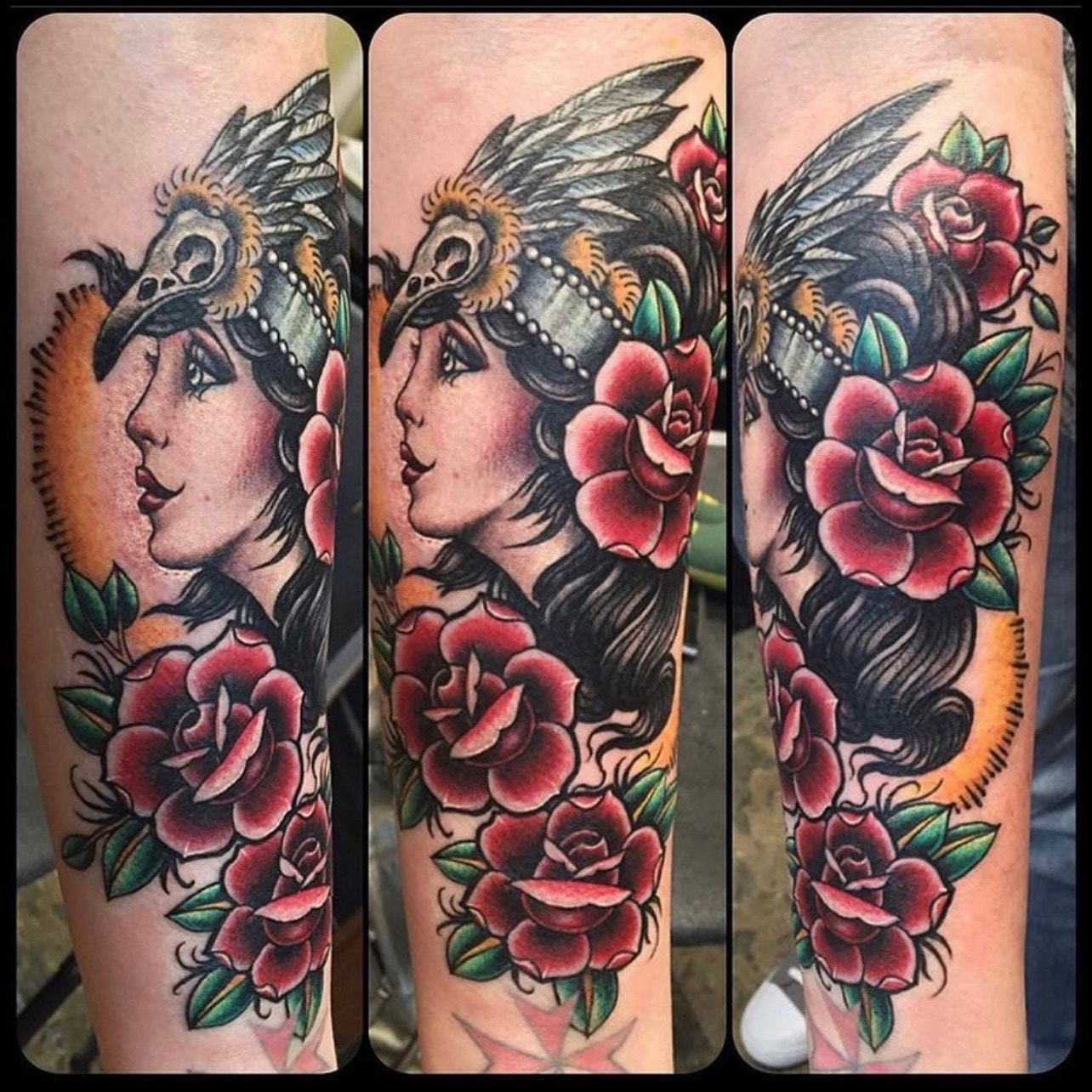 Traditional woman with feathered headdress and roses by Ruthless